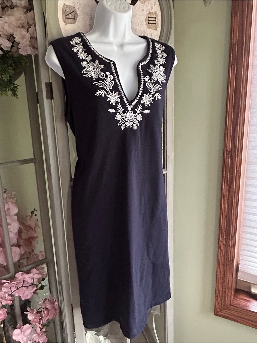 LANDS’ END Cotton Sleeveless Navy Dress Coverup Embroidered Pockets Size L - Picture 2 of 7